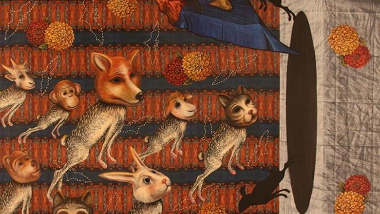 Halloween-inspired artwork featuring animals with identical bodies but different heads