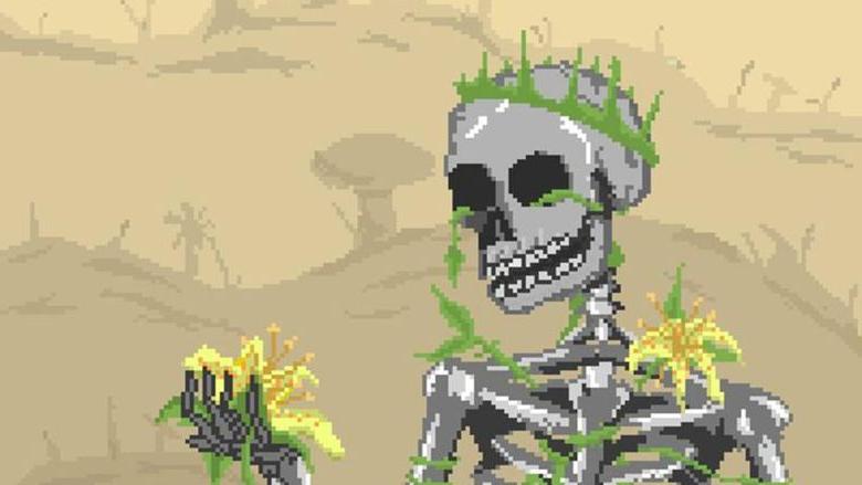 artwork depicting a skeleton holding a yellow flower as vines grow throughout its bones